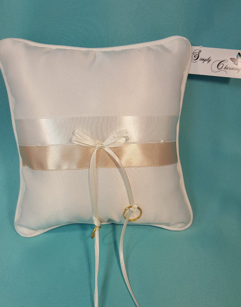 Ring Pillow, Ivory Satin Two-tone Ribbon and Pearls